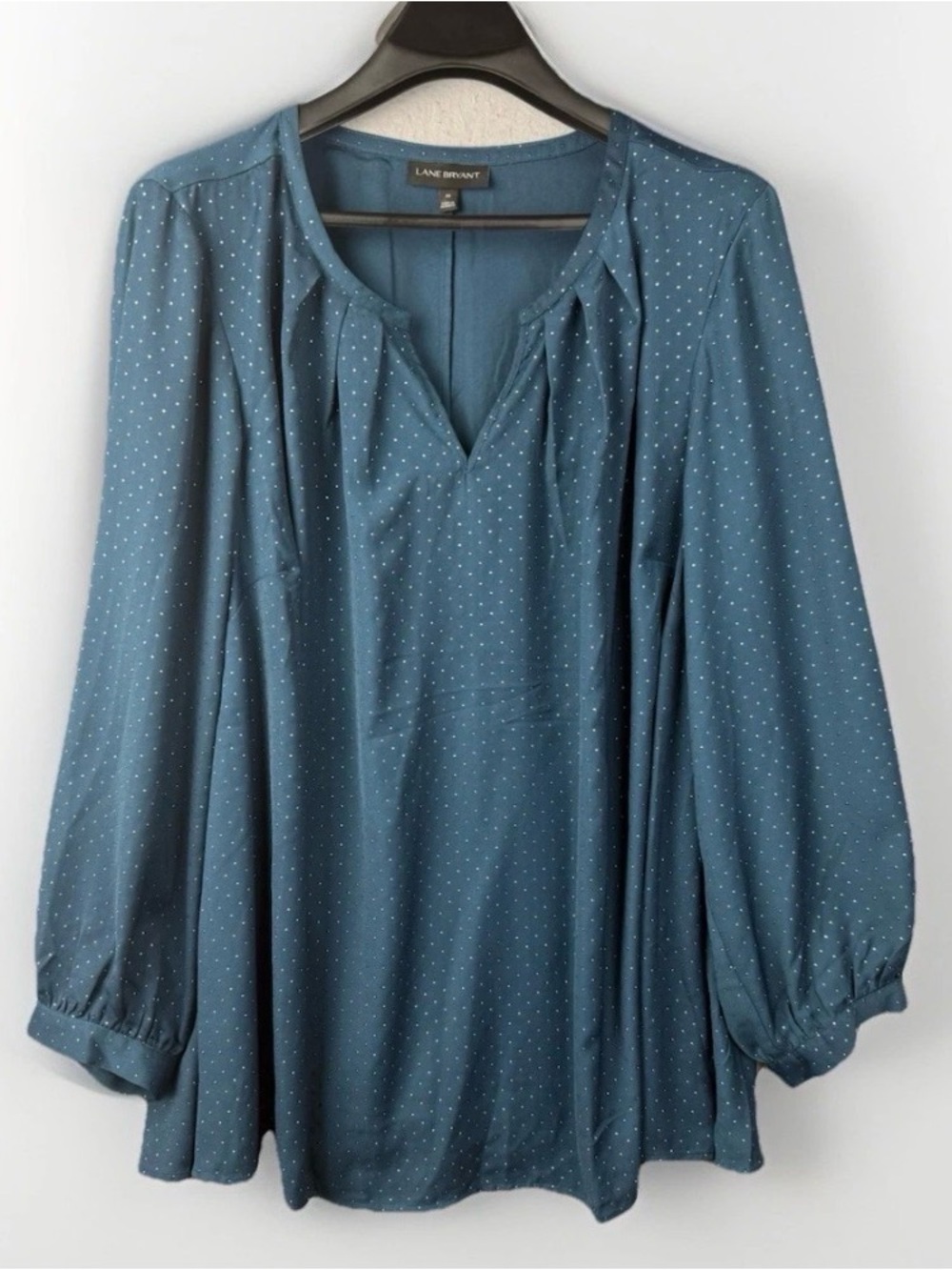 Lane Bryant Women's Sz 26 Boho Peasant Top Long Sleeve Blue Polka Dot Studs
